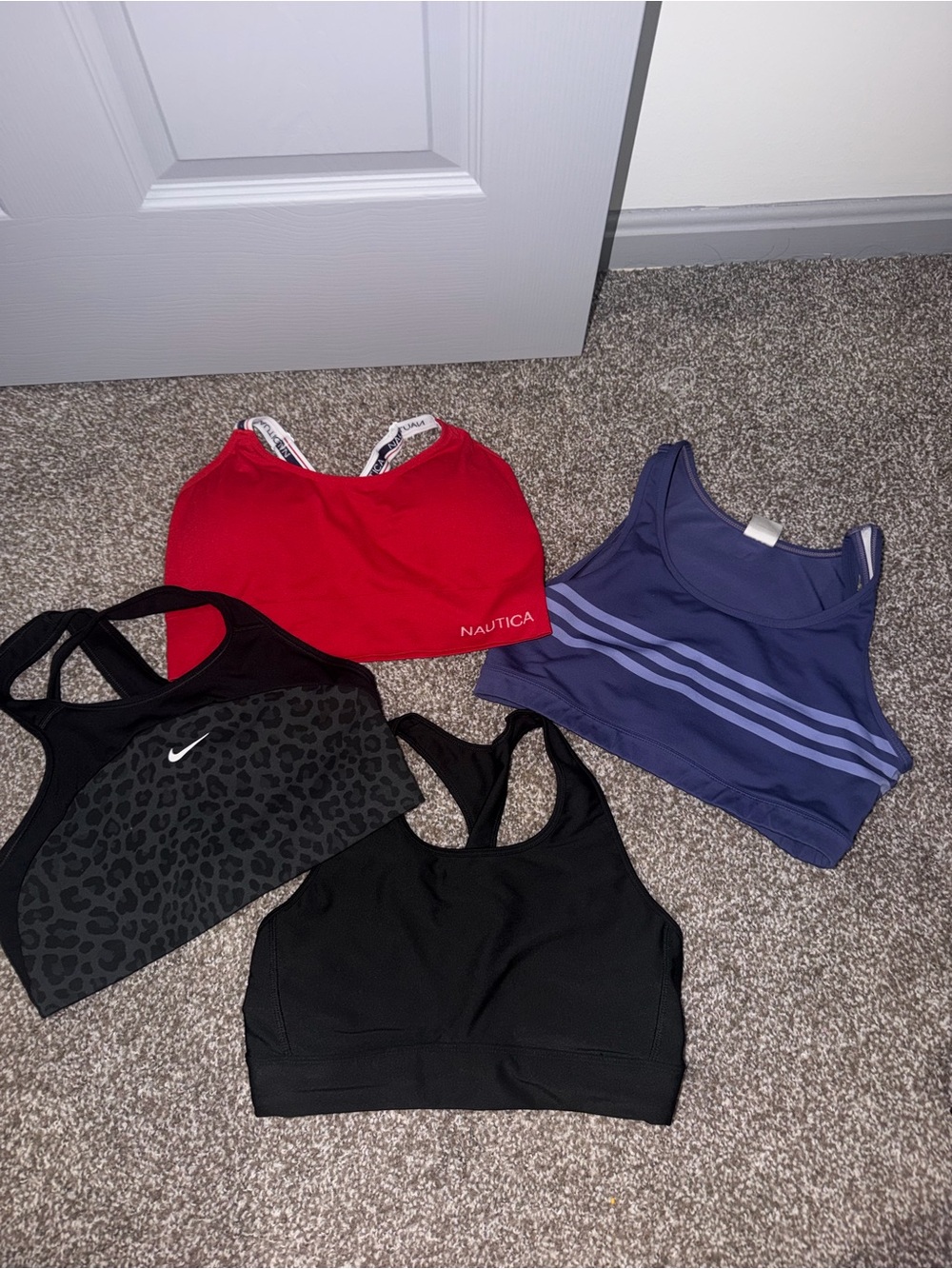 Nike Black Leopard Print & Solid Black Sports Bras with Purple Stripe Bra